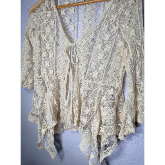 Haute Monde Boho Lace Cardigan Cream Sheer Floral Tie Front Handkerchief Hem S - Picture 2 of 8